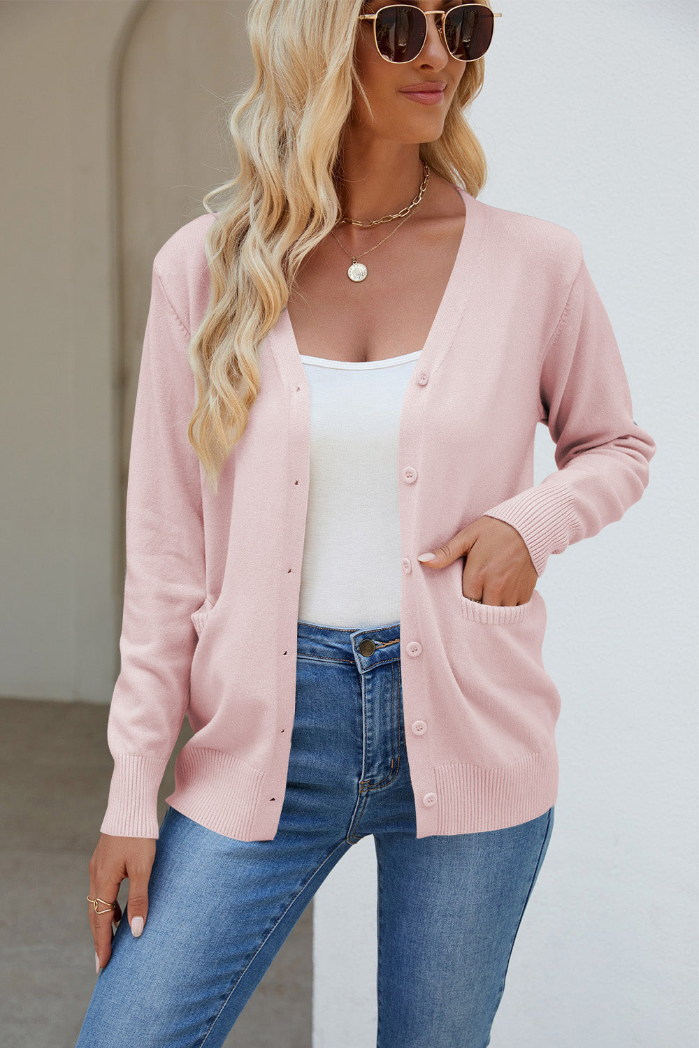 Pocketed V-Neck Button Up Long Sleeve Cardigan