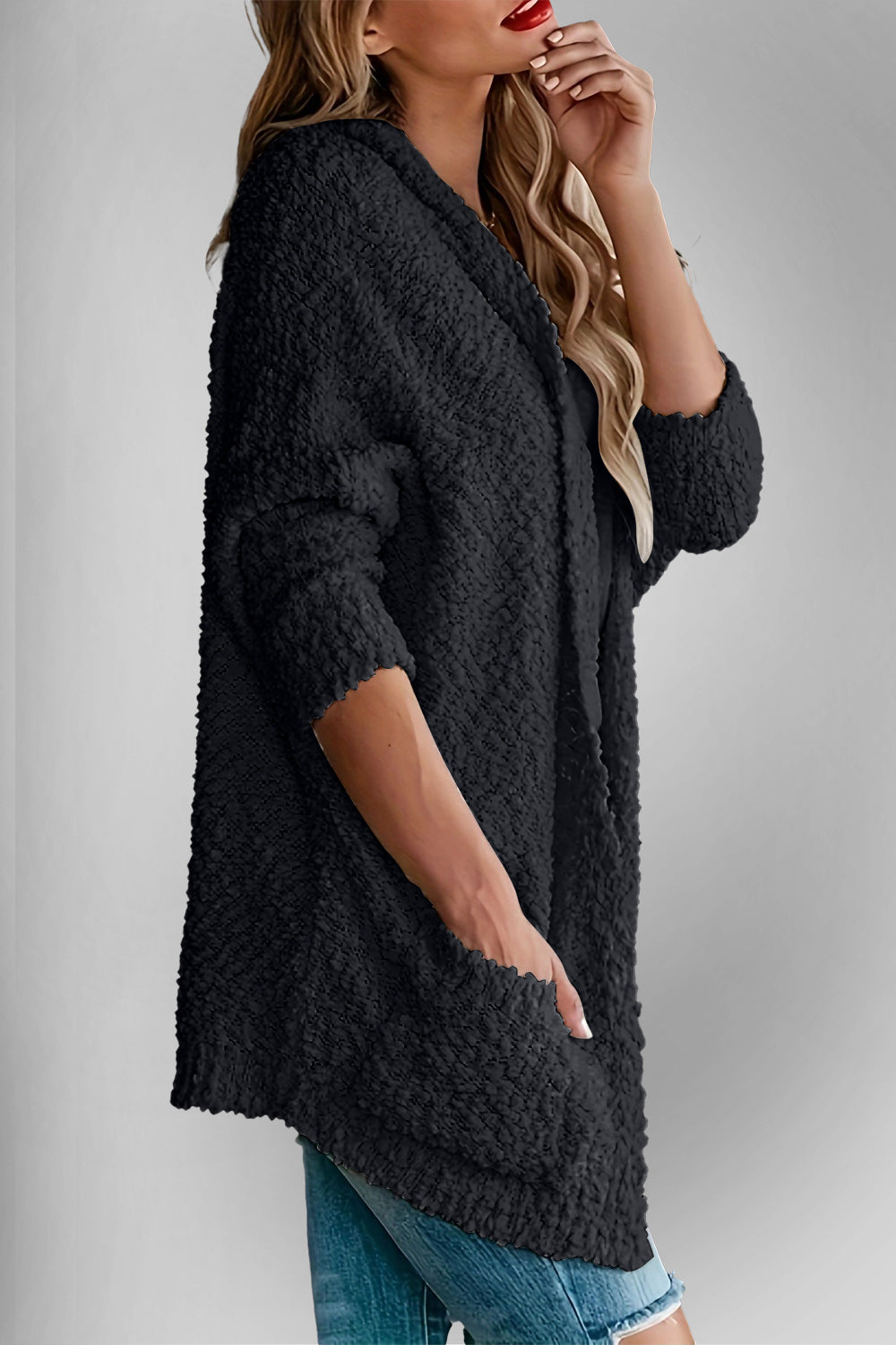 Double Take Pocketed Open Front Long Sleeve Cardigan