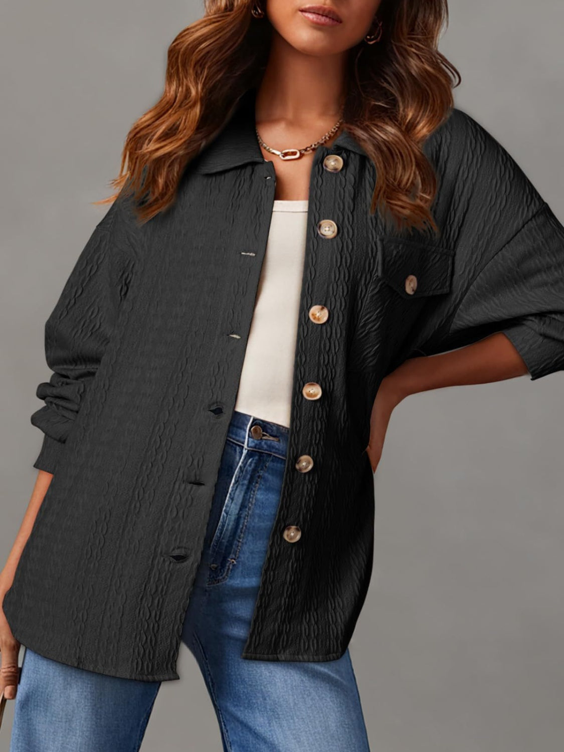 Textured Button Up Long Sleeve Shacket