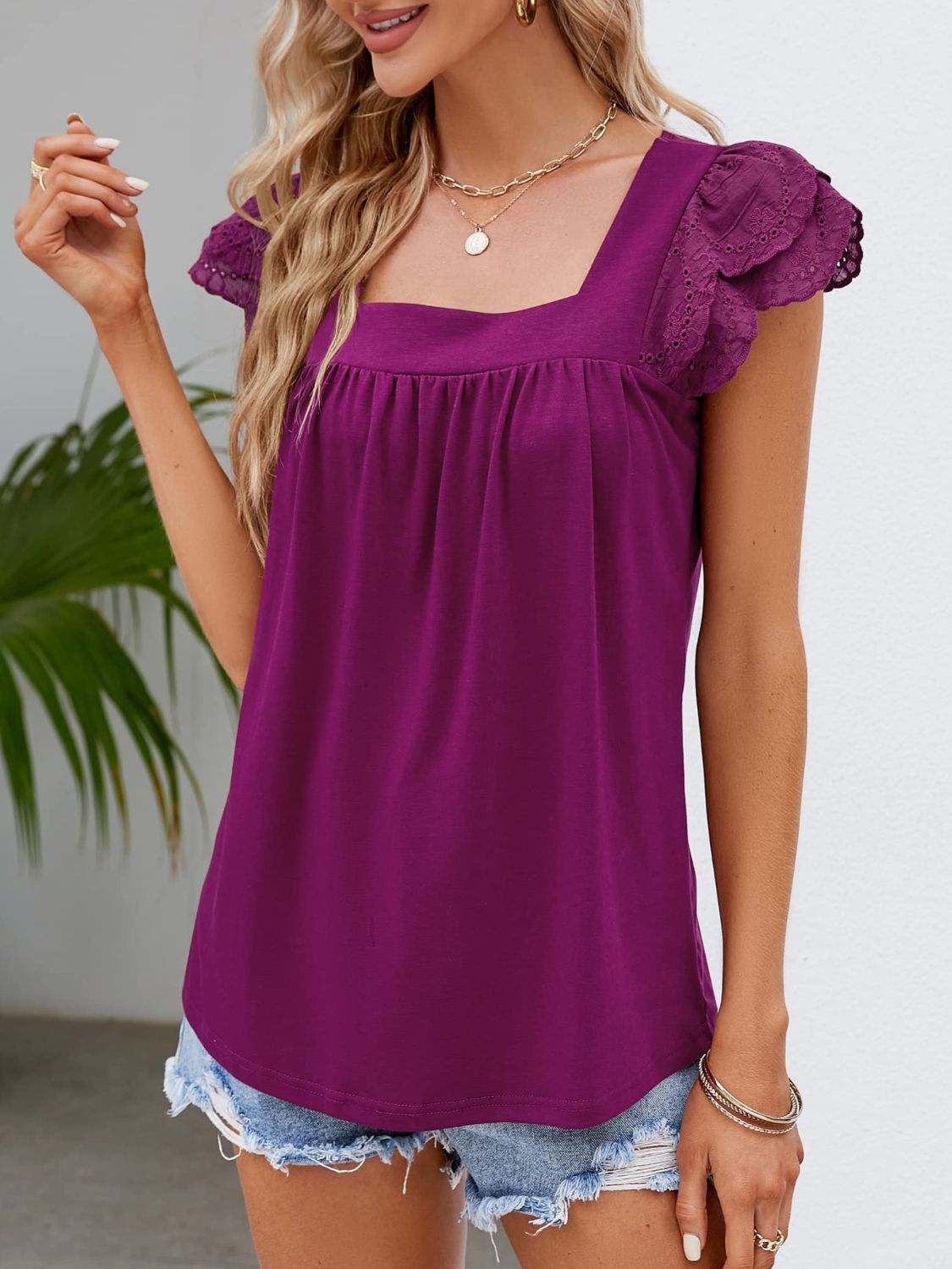 Ruffled Square Neck Cap Sleeve Blouse