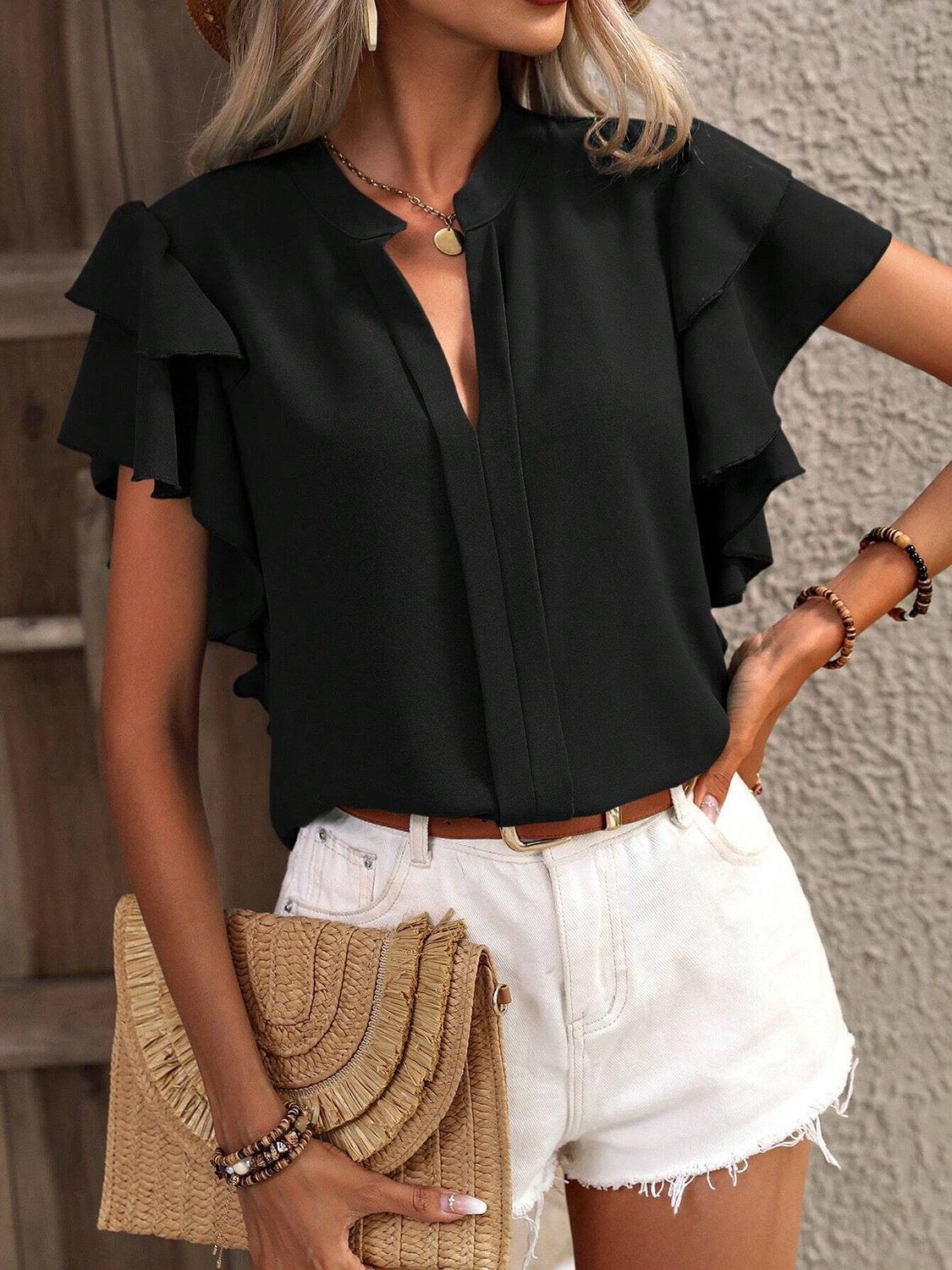 Ruffled Notched Short Sleeve Blouse